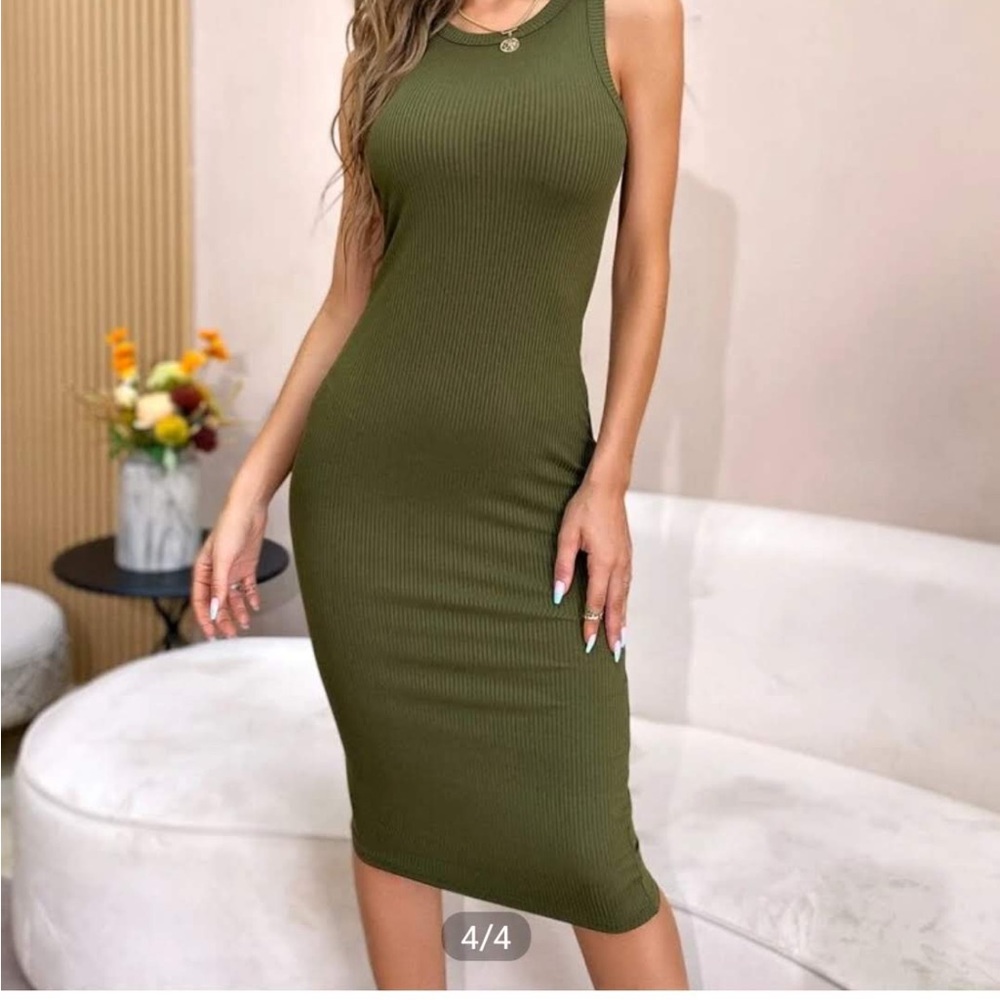 SHEIN Sleeveless Olive Green Ribbed Dress